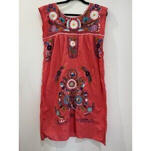 Mexican Hand Embroidered Short Sleeve Pink Boho Folk Dress Med